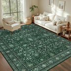 Area Rugs 9x12 Living Room Rug: Washable Rug Soft Vintage Distressed Floral Carpet Indoor Non-Slip Stain Resistant Large Carpets for Bedroom Dining Room Farmhouse Nursery Home Office Deep Green