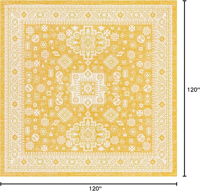 Rugs.com Outdoor Aztec Collection Rug – 10 Ft Square Yellow Flatweave Rug Perfect for Living Rooms, Kitchens, Entryways