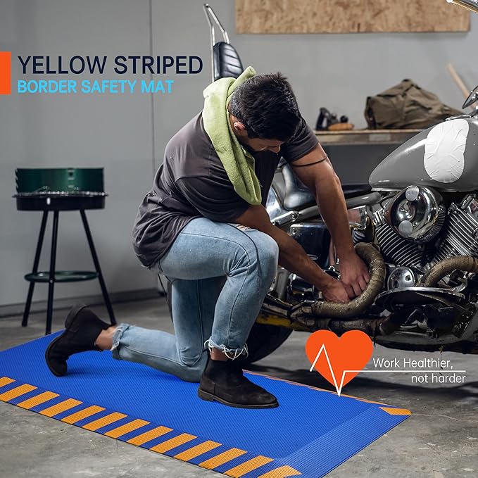 FEATOL Anti Fatigue Mat Industrial, Ergonomic Standing Floor Mat for Work for Stand, Safety Support for Leg & Back Pain(Blue with Yellow Border, 20" x 39", 2PC)