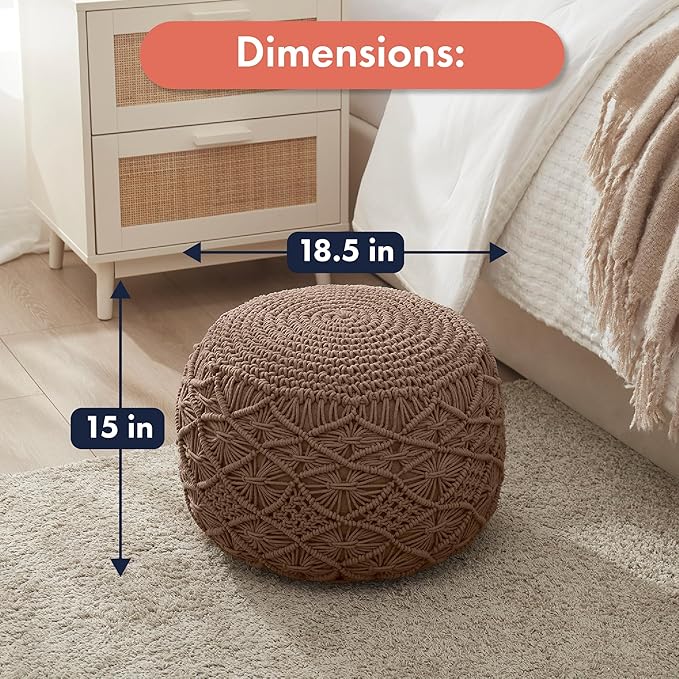 Ornavo Home Pouf Ottoman Foot Rest - 100% Cotton Pouffe - Hand Knitted Macrame Braid - Boho Round Stuffed Ottoman for Living Room, Bedroom - Taupe/Brown