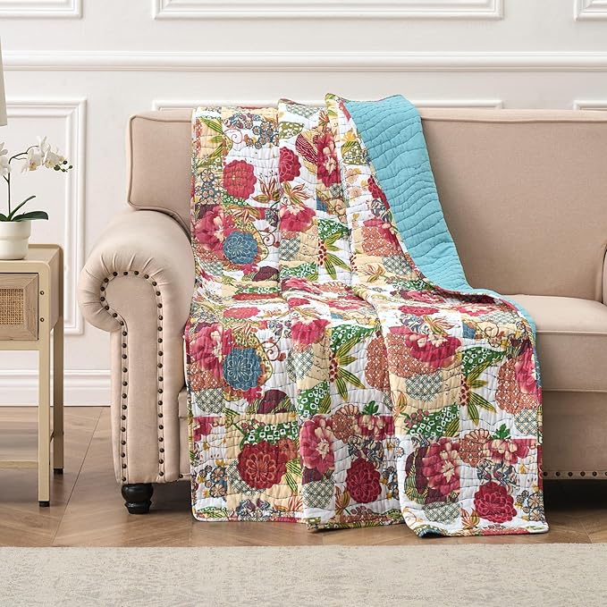 Greenland Home Jewel - Classic Boho Floral - 100% Cotton Kantha Quilted Throw Blanket, 50 x 60 inches, White
