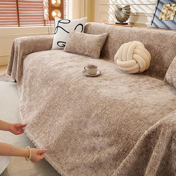 ROOMLIFE Boho Khaki Couch Cover for Dogs, Washable Non Slip Furniture Protector Couch Sofa Covers for 3 Cushion Couch, Soft Chenille Sofa Slipcovers Couch Cover Throw Blanket with Tassels 71''X150''