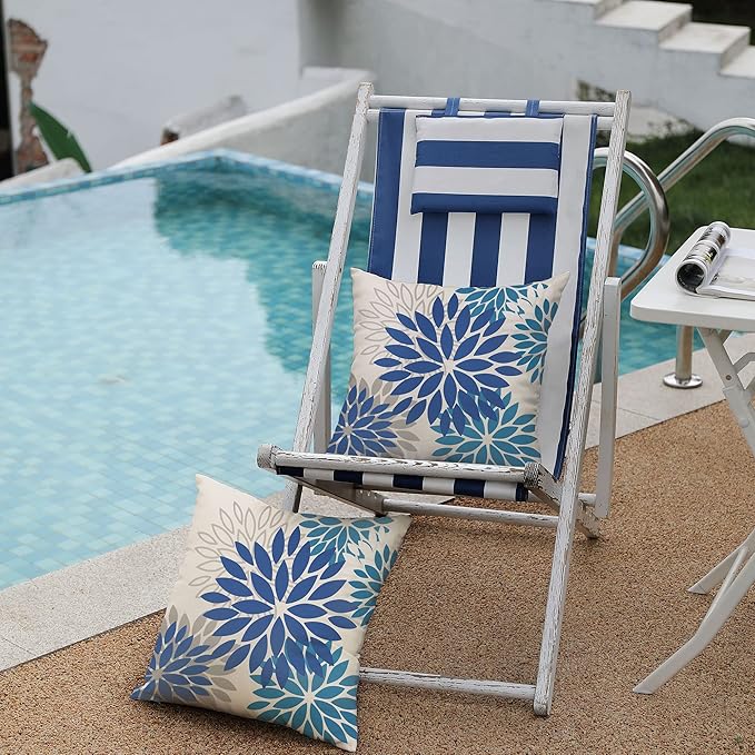 DFXSZ Blue Flower Pillow Covers 18x18 Inch Set of 2 Dark and Light Blue Colored Pillow Farmhouse Outdoor Waterproof Decor for Patio Funiture Garden Summer Floral Square Polyester Pillow Covers 002E18