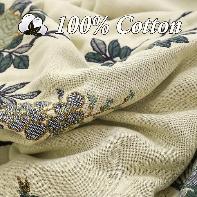 Snycler Boho Throw Blanket for Bed - 100% Cotton Ultra Soft Rustic Quilt Green Hummingbird Printed Farmhouse Decor Bed Blankets,80"×90" All Season Rustic Throw for Sofa Couch Chair