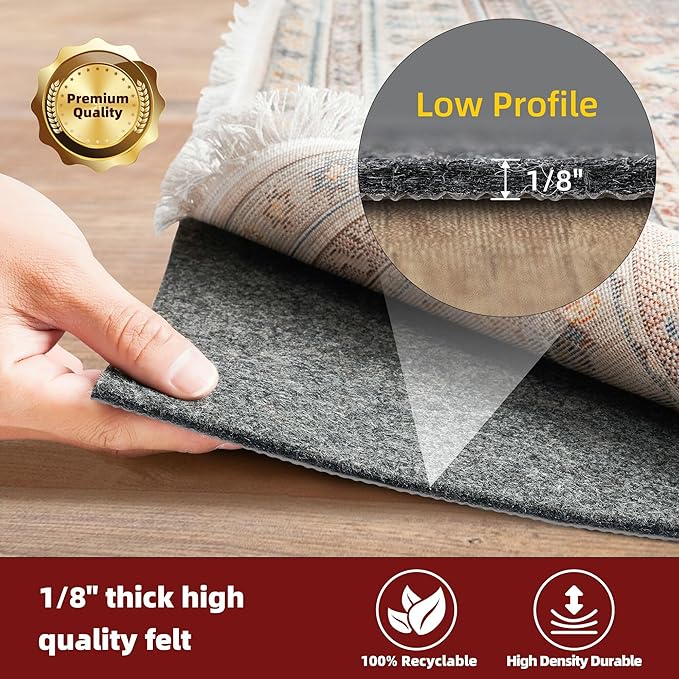 BAGAIL Felt and Natural Rubber Backing Rug Pads 1/8” Thick, 2 x 4 Ft Non Slip Rug Gripper Keep Rugs in Place, Under Area Rug Protective Cushioned Pads, Carpet Runners, Hardwood Floors Protection