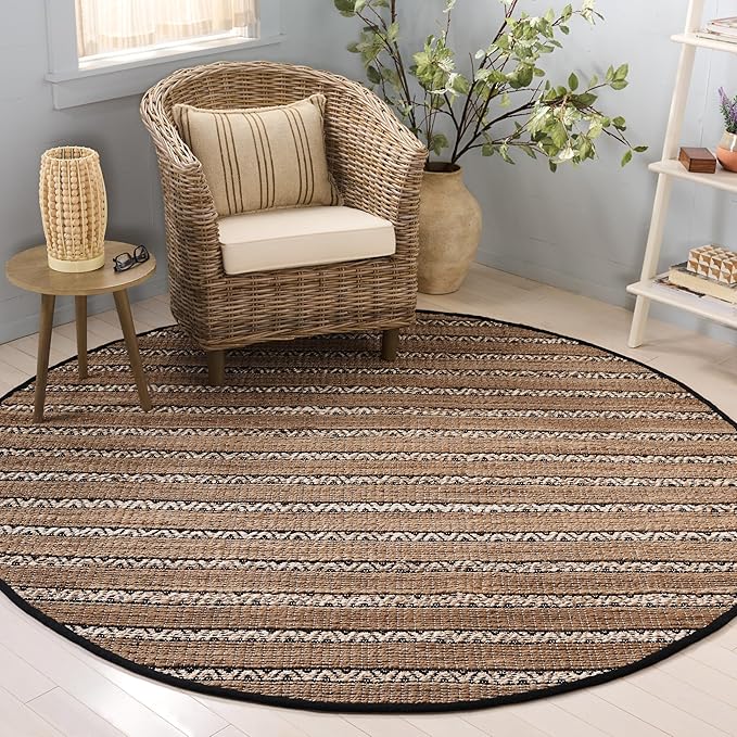 SAFAVIEH Natural Fiber Collection Area Rug - 7' Round, Black & Natural, Flatweave Jute & Cotton, Ideal for The Entryway, Living Room, Foyer, Bedroom (NFB655Z)