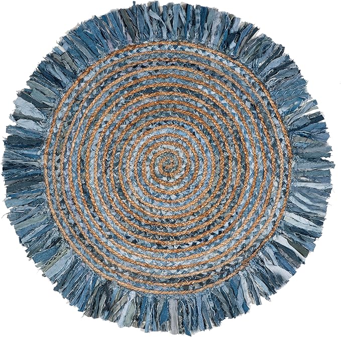 SAFAVIEH Cape Cod Collection Area Rug - 10' Round, Ivory & Denim, Handmade Boho Fringe Jute & Cotton, Ideal for High Traffic Areas in Living Room, Bedroom (CAP206D)