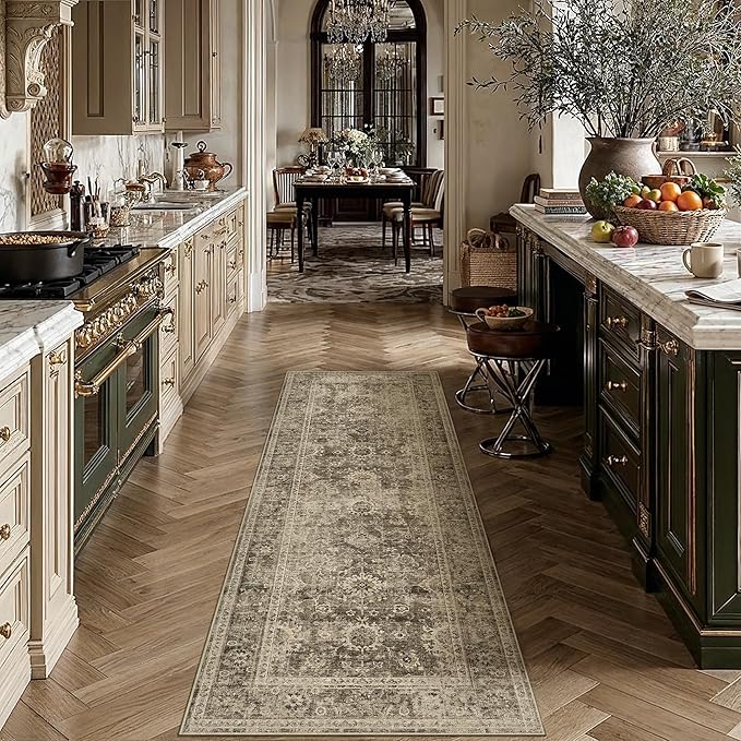 2x6 Washable Runner Rug for Kitchen Hallway Brown Vintage Non-Slip Low Pile Distressed Rustic Carpet Soft Long Throw Rug for Indoor Entryway Bedroom