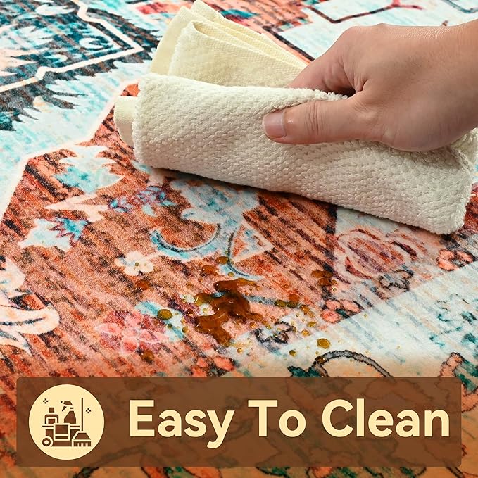 YJ.GWL Area Rugs for Living Room 8x10 Machine Washable Rugs, Non Slip Floral Vintage Rug Indoor Carpet, Stain Resistant Large Rug for Bedroom Dining Room, Copper Tan