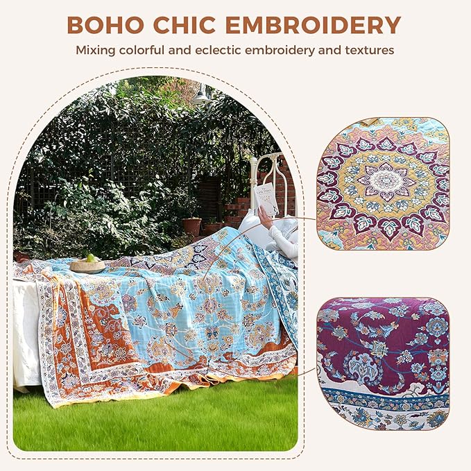 Boho Throw Blanket for Bed Cotton Spring Blankets for Bedroom Living Room Twin All Season Lightweight Floral Embroidery Quilt for Couch Sofa Chair 60"x80" Home Decor