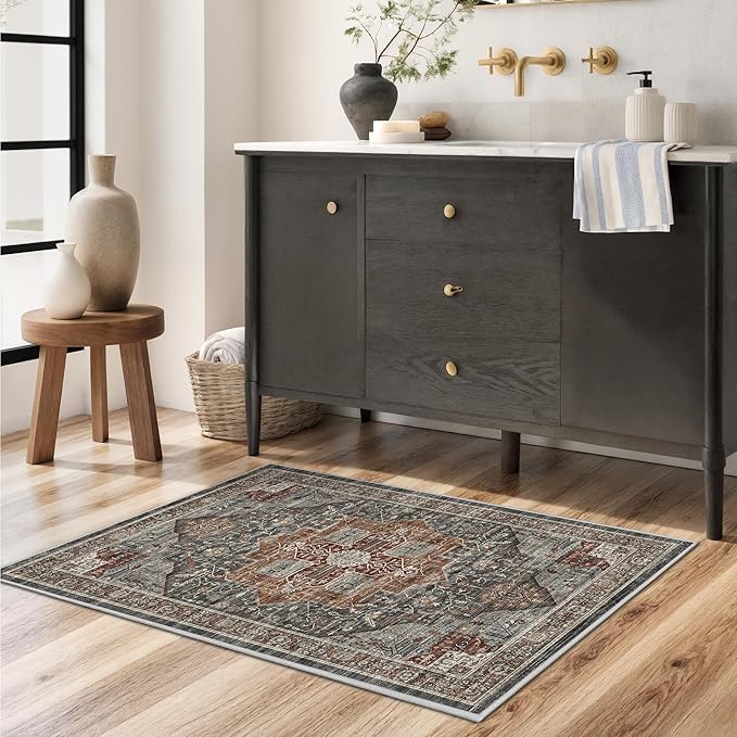 Washable Runner Rug 2x3 Runners for Hallways, Ultra-Thin Carpet Runners for Entryway Anti Slip Backing Runner Rugs for Kitchen Laundry Room Indoor Hallway (Grey/Brown/Tan)