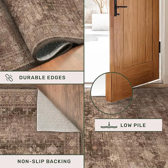 Brown Boho Washable 3x6 Entryway Runner Rug, Indoor Hallway Kitchen Floor Rug, Non-Slip Stain & Fade Resistant, Vintage Dark Neutral Floral Decor