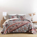 Horimote Home Boho Quilt King Size, Reversible Bohemian Style Twill Strip Floral Quilt Beddding Set, Colorful and Soft Bedspread Oversized King Quilt Coverlet for All Season, 2 Pillow Shams (3 Pieces)