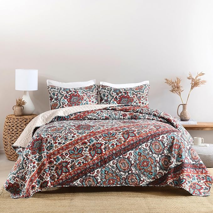 Horimote Home Boho Quilt King Size, Reversible Bohemian Style Twill Strip Floral Quilt Beddding Set, Colorful and Soft Bedspread Oversized King Quilt Coverlet for All Season, 2 Pillow Shams (3 Pieces)