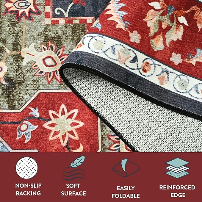 YJ.GWL Area Rugs for Living Room 5x7 Machine Washable Rugs, Non Slip Floral Vintage Rug Indoor Carpet, Stain Resistant Large Rug for Bedroom Dining Room, Red Green