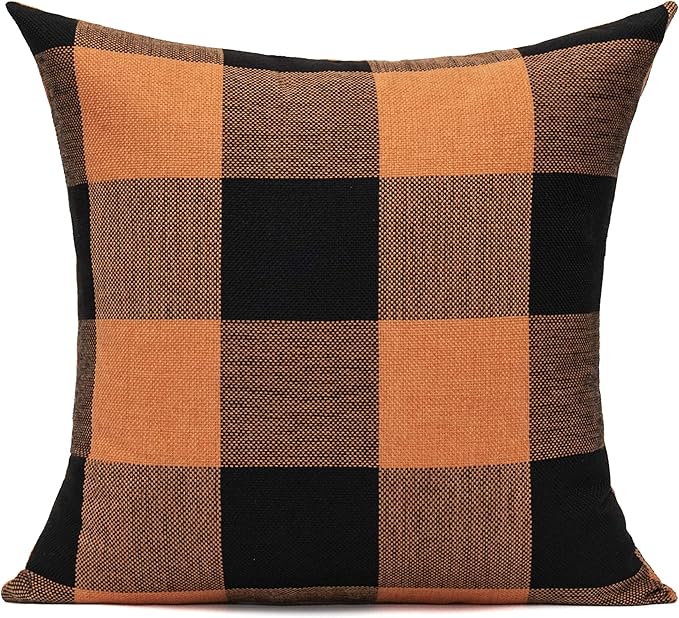 VAKADO 20x20 Set of 2 Halloween Orange and Black Buffalo Plaids Decorative Throw Pillow Covers Fall Farmhouse Classic Retro Rustic Square Cushion Cases Home Decor for Sofa Couch Patio Outdoor