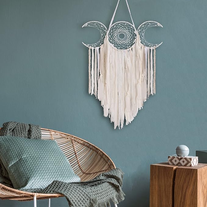 ANROYE White Triple Moon Goddess Macrame Wall Hanging, Boho Crescent Dream Catcher, Bohemian Dreamcatcher for Women Bedroom, Woven Tapestry-Witchcraft Gift, Pagan Decor for Adults Decoration