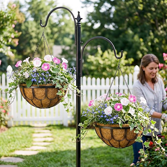 4 Pack 14 Inch Hanging Planters for Outdoor Plants, Black Metal Wire Hanging Flower Baskets with Coco Coir Liner, Large Hanging Plant Pots for Garden, Patio, Balcony, Indoor Home Decor