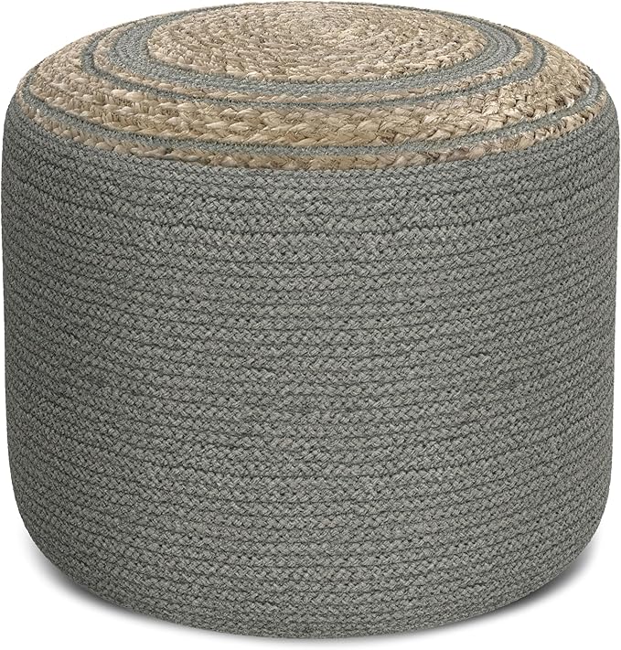 SIMPLIHOME Serena Contemporary Round Braided Pouf in Dove Grey Cotton for the Living Room, Bedroom and Kids Room