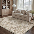 Brown Area Rug 4x6 Vintage Office Washable Distressed Kitchen Carpet Non Slip Soft Indoor Traditional Medallion Retro Accent Throw Rug for Entryway Bedroom Dining Living Room
