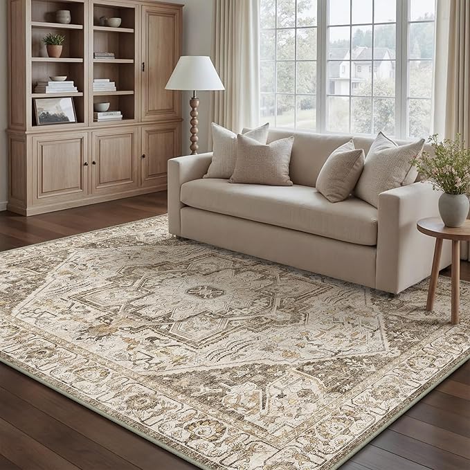 Brown Area Rug 4x6 Vintage Office Washable Distressed Kitchen Carpet Non Slip Soft Indoor Traditional Medallion Retro Accent Throw Rug for Entryway Bedroom Dining Living Room
