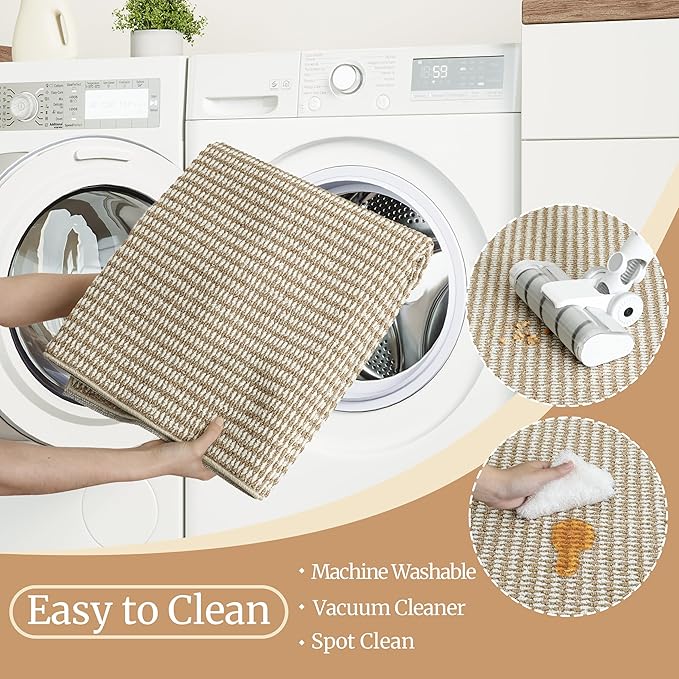 Faux Jute Non-Slip Area Rug, 4x6 Washable Pet-Friendly Floor Mat for Living Room, Bedroom, Entryway, Machine Woven Durable Scratch Resistant Carpet, Cream Beige/Brown