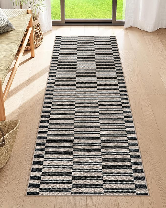 Lahome Elance Striped Easy Jute Entryway Runner, 2x6 Kitchen Mats for Floor Black Rug Runners for Hallways Non Slip Indoor Outdoor Carpet, Farmhouse Non Shedding Carpet for Laundry Porch Corridor