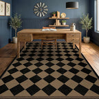 Easy Jute Indoor Outdoor Checkered Rug for Dining Room 6x9, Stain Resistant Non-Slip Geometric Black and Brown Diamond Living Room Rug, Durable Boho Border Low Pile Carpet Decor for Bedroom and Office