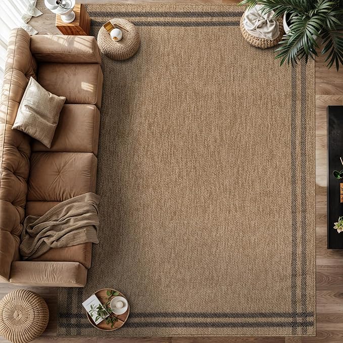 Easy Jute Rugs 5x7 Bordered Natural Color Living Room Indoor Outdoor Area Rug for Patio and Kitchen Rug High Traffic Washable Easy to Clean Solid Boho Woven Design Outside Carpet (5 x 7)