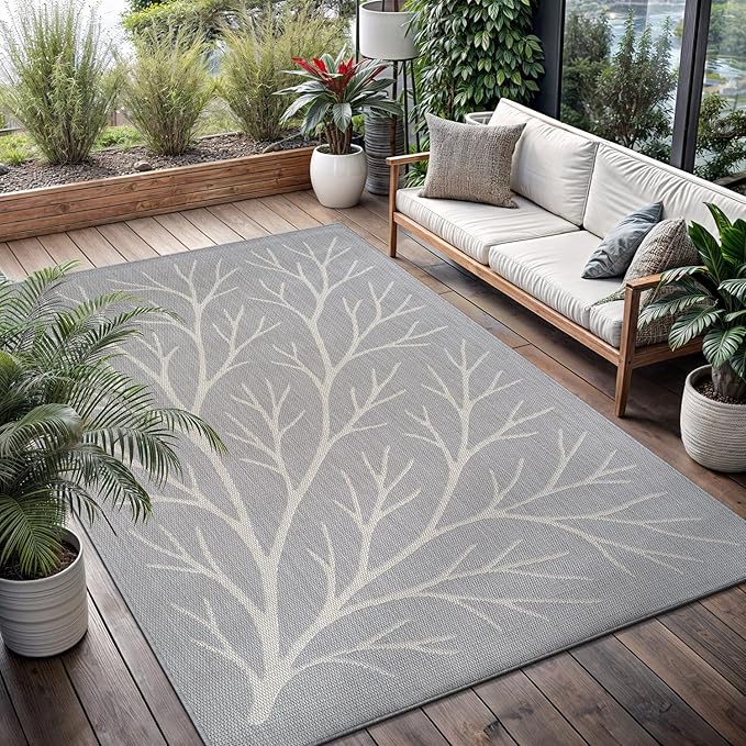 Washable Indoor Outdoor Rug 8x10 Modern Area Rugs Branch Pattern Non Shedding Waterproof Easy Clean Patio Deck Porch Living Room Bedroom Garden RV (8 X 10 Gray)