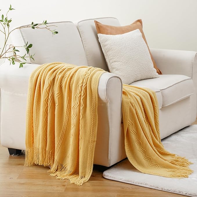BATTILO HOME Mustard Throw Blanket with Fringe Geometric Bed Yellow Throws Summer Breathable Decorative Large Throw for Couch Sofa Indoor Outdoor (Yellow, 50"x60")