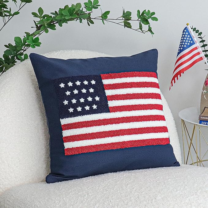 Jonhier 4th of July Throw Pillow Cover, Independence Day Patriotic Throw Pillow Case Tufted American Flag Pattern, Textured Cushion Cases Memorial Day Flag Day Decor for Sofa Bed (Blue, 18” x 18”)
