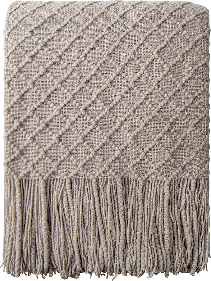 NTBAY Acrylic Knitted Throw Blanket, Lightweight and Soft Cozy Decorative Woven Blanket with Tassels for Travel, Couch, Bed, Sofa, 51x67 Inches, Taupe Checkered