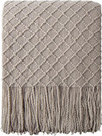 NTBAY Acrylic Knitted Throw Blanket, Lightweight and Soft Cozy Decorative Woven Blanket with Tassels for Travel, Couch, Bed, Sofa, 51x67 Inches, Taupe Checkered