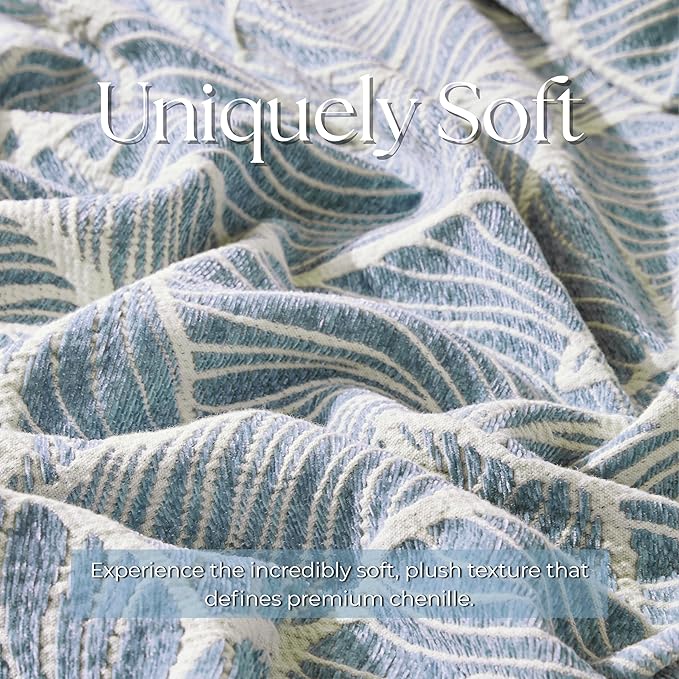 DOWN HOME Chenille Cotton Throw Blanket for Couch, Lightweight Boho Blanket for Bed Sofa Chair Living Room Outdoor Soft Woven Decorative Blanket with Tassel Gift Blue Leaves 60"x80"