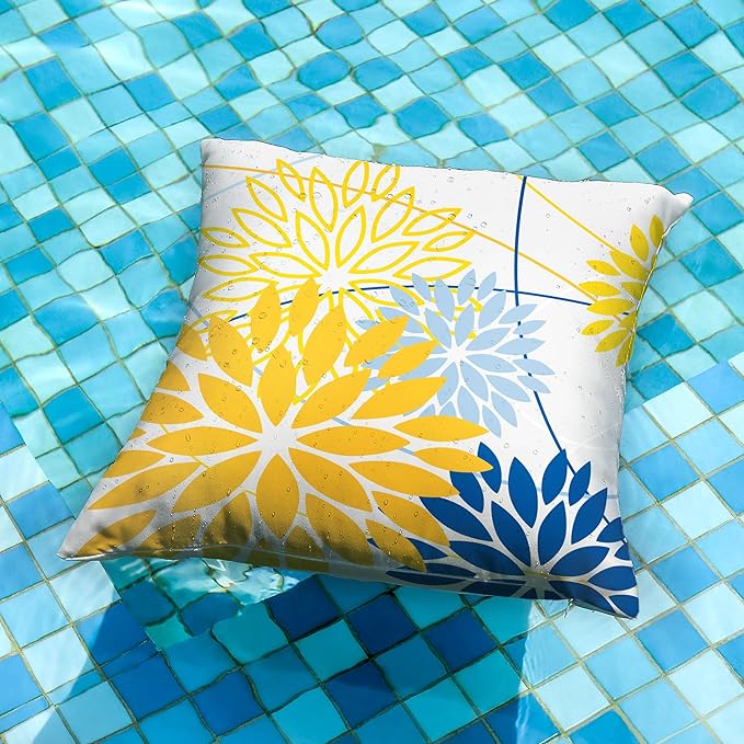 DFXSZ Yellow Blue Outdoor Pillow Cover 16X16 Inch Set of 2 Outdoor Waterproof Summer Floral Yellow Decorative Pillow case Decor for Couch Patio Funiture Garden Print Polyester Cushion Cover 01J16