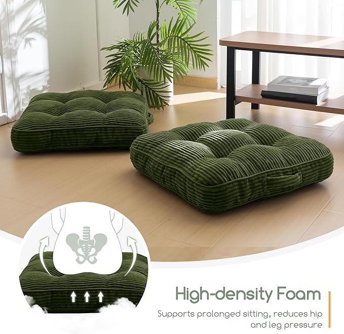 HIGOGOGO Floor Pillow Cushion for Adults, Meditation Cushion Pillow, Large Square Floor Sitting, Tufted Corduroy Cover, for Tatami Living Room or Yoga, 22x22 Inch, 2Pack, Dark Green