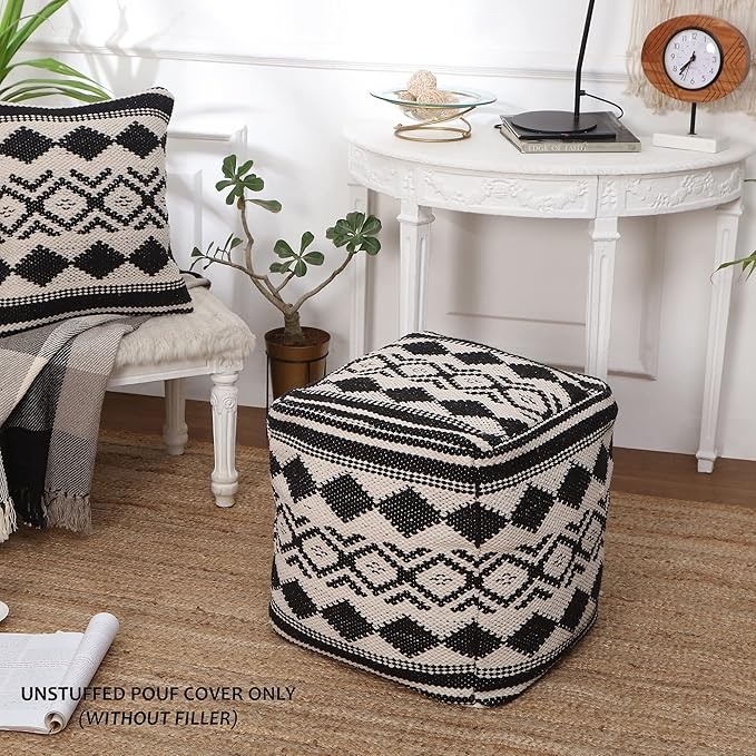 REDEARTH · UNSTUFFED Pouf Ottoman Cover Textured Cube Bean Bag Pouffe Footrest for Living Room, Bedroom, Nursery, Kidsroom; 100% Cotton(18"X18"X18", Linear Diamonds Black)