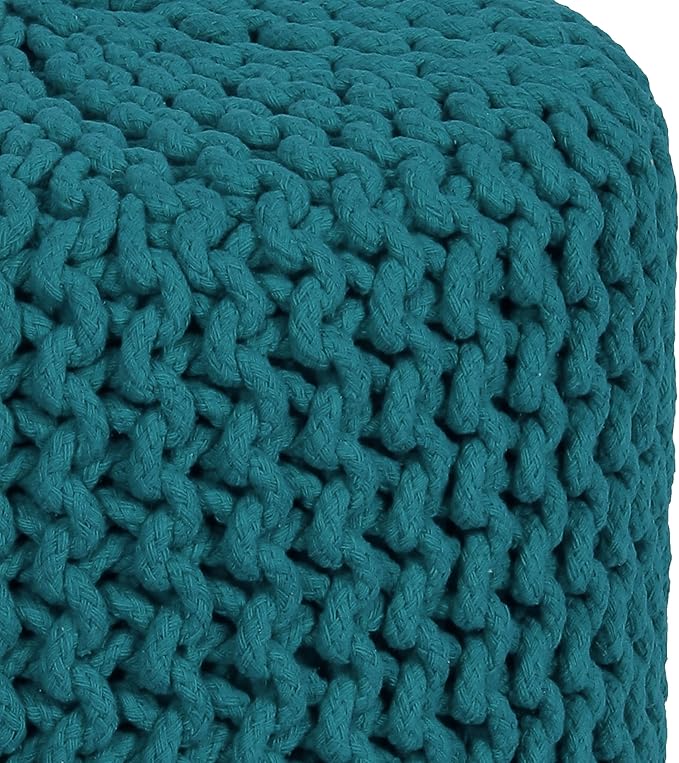 COTTON CRAFT Braided Round Pouf - Hand Knitted Cotton Cord Cable Dori Cylindrical Ottoman - Foot Stool - Floor Pouf - Footrest - Accent Seat - Living Room Bedroom Dorm Décor - 15 Round x 16 H - Teal