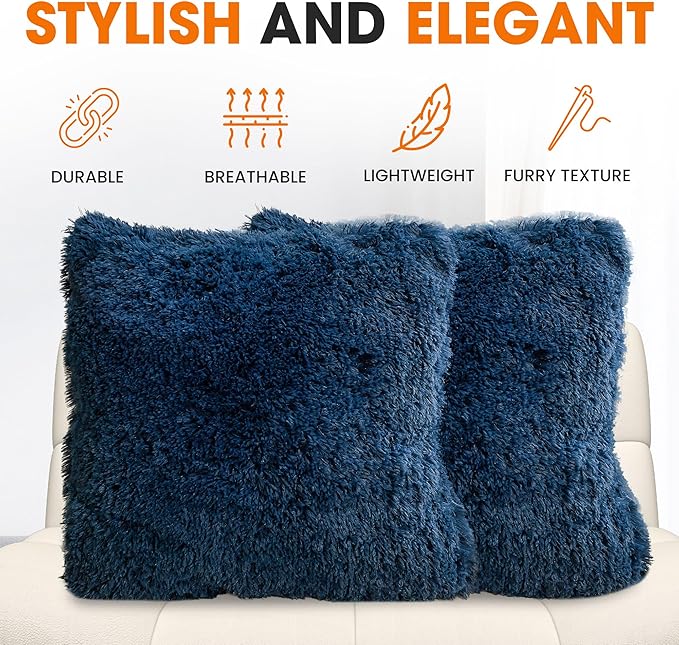 Cheer Collection Throw Pillows for Couch and Bed, Soft Shaggy Throw Pillows with Inserts Included, Cozy Long Hair Faux Fur Pillows - Set of 2-18" x 18" - Navy Blue