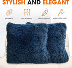 Cheer Collection Throw Pillows for Couch and Bed, Soft Shaggy Throw Pillows with Inserts Included, Cozy Long Hair Faux Fur Pillows - Set of 2-24" x 24" Navy