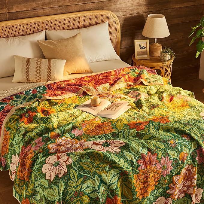 Boho Blanket Soft Muslin Boho Throw Blanket 100% Cotton Blanket All Seasons Reversible Rustic Floral Printed Vintage Rustic Farmhouse Decor Throw for Sofa Couch Chair (Green, 80"x90")