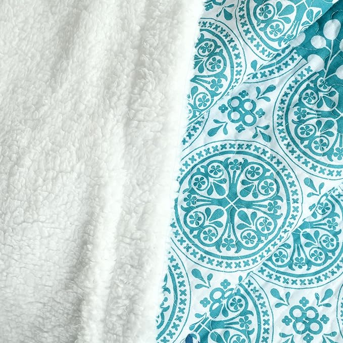 Lush Decor Bohemian Stripe Sherpa Throw Blanket, 50" W x 60" L, Blue & Green - Bold Colorful Boho Stripe Design - Quilted Print - Soft Sherpa Blanket For Bed, Couch, Or Chair