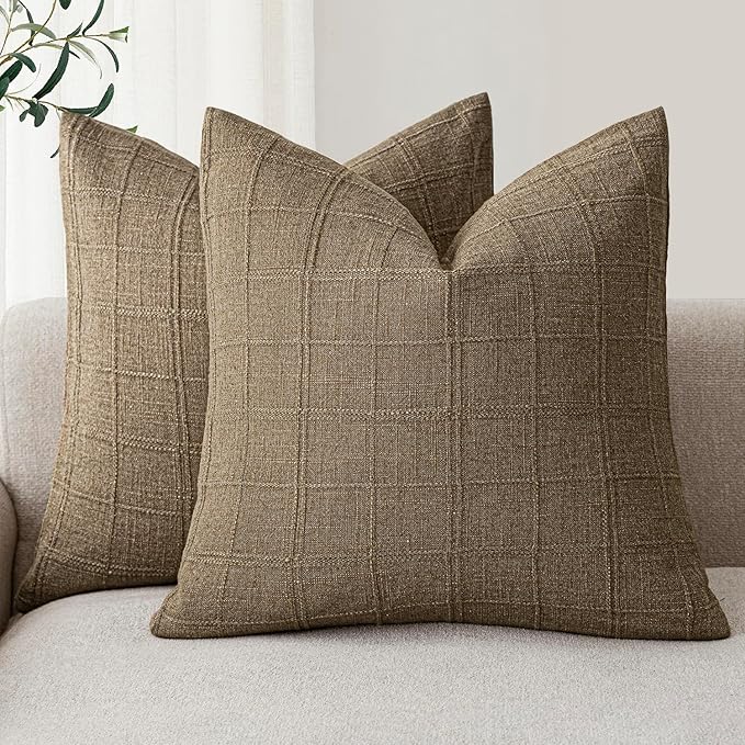 Foindtower Set of 2 Decorative Linen Check Throw Pillow Covers Neutral Farmhouse Vintage Cushion Covers Modern Boho Home Decor for Sofa Chair Couch Bedroom Living Room,16×16 Inch,Light Brown