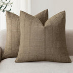 Foindtower Set of 2 Decorative Linen Check Throw Pillow Covers Neutral Farmhouse Vintage Cushion Covers Modern Boho Home Decor for Sofa Chair Couch Bedroom Living Room,22×22 Inch,Light Brown