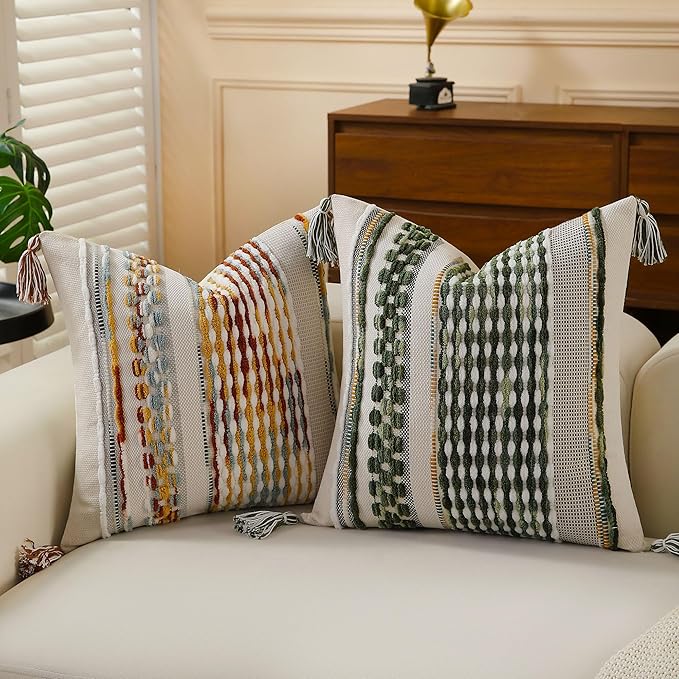 Set of 2 Boho Pillow Covers with Tassels Olive Green 18x18 Inch Farmhouse Decorative Chenille Tufted Striped Throw Pillow Covers, Neutral Accent Square Pillowcase for Couch Bed Living Room
