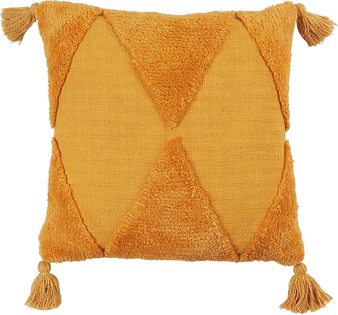 SARO LIFESTYLE Allman Collection Tufted Diamond Tassel Pillow Cover, 18", Mustard