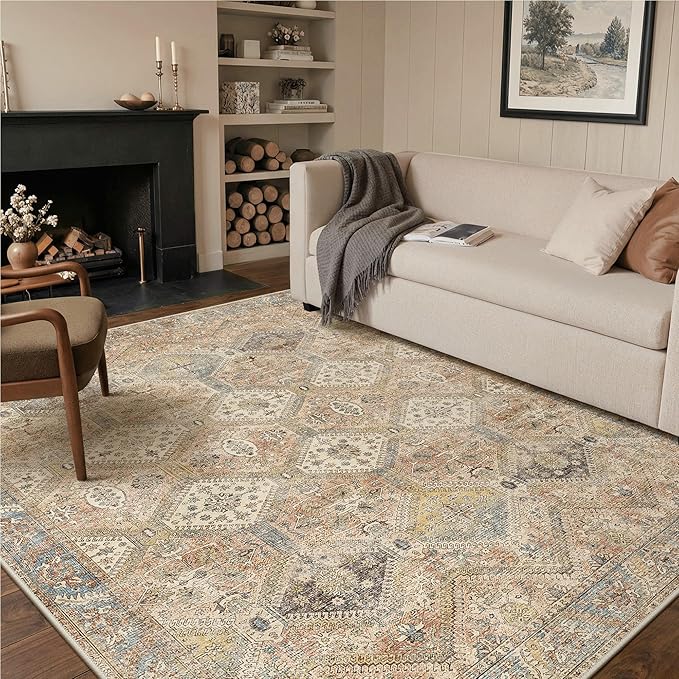 GENIMO 8x10 Area Rugs for Living Room, Machine Washable Non Slip Vintage Rugs, Low Pile Lightweight Print Rug for Bedroom, Dining Room, Home Office, Warm Brown