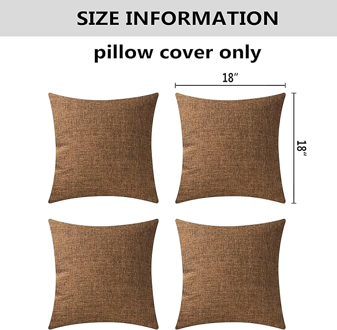 Home Brilliant Brown Pillow Covers Set of 4 Spring Decor Burlap Lined Linen Square Throw Pillowcase Cushion Covers for Bench, 4 Pack, 18x18(45cm), Brown