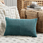 Fancy Homi 2 Packs Teal Lumbar Decorative Throw Pillow Covers 16x26 Inch for Living Room Couch Bed Sofa, Boho Home Decor, Soft Striped Corduroy Rectangle Accent Beige Cushion Case 65x40 cm